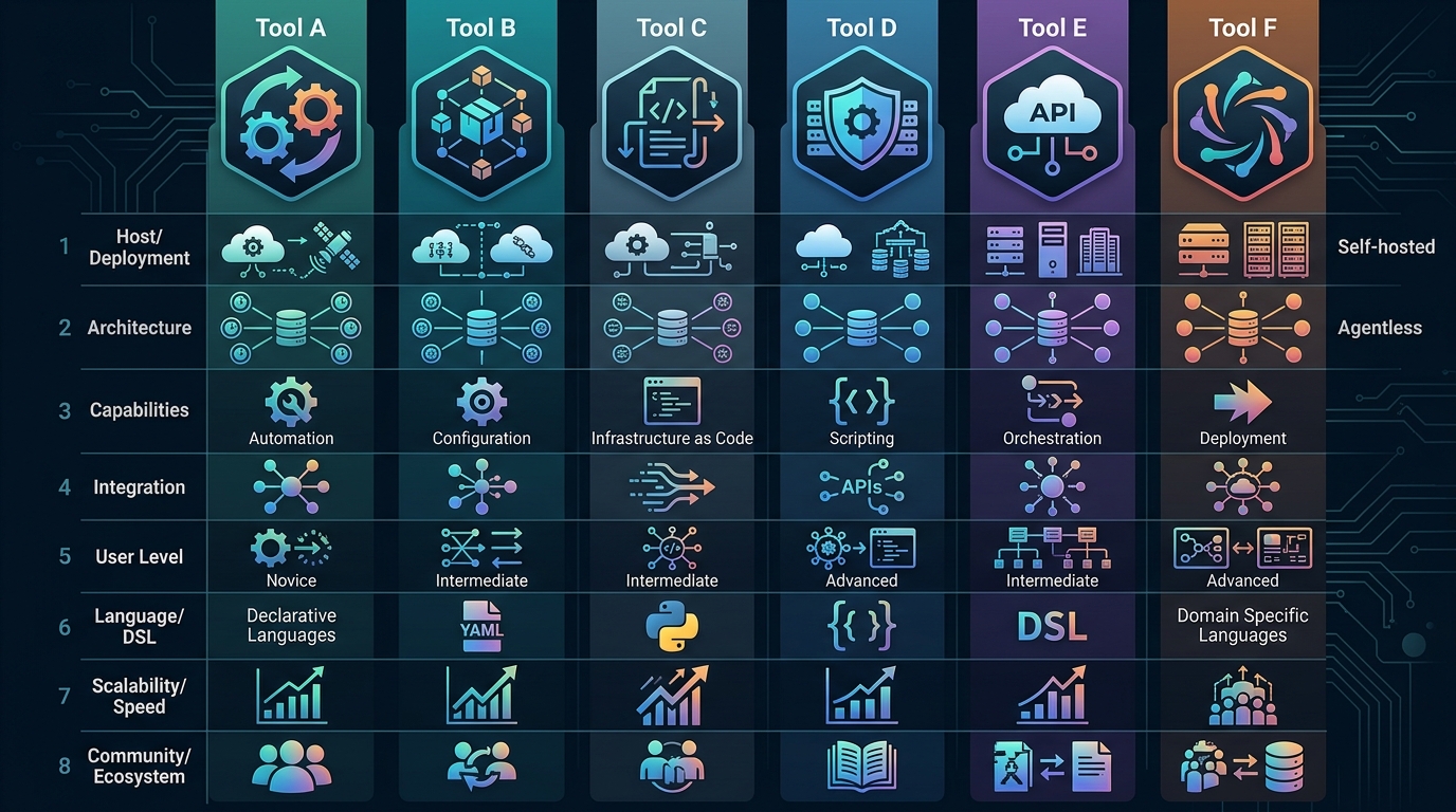 An abstract comparison chart visually representing the features and deployment models of various automation tools relevant to sysadmins and DevOps.