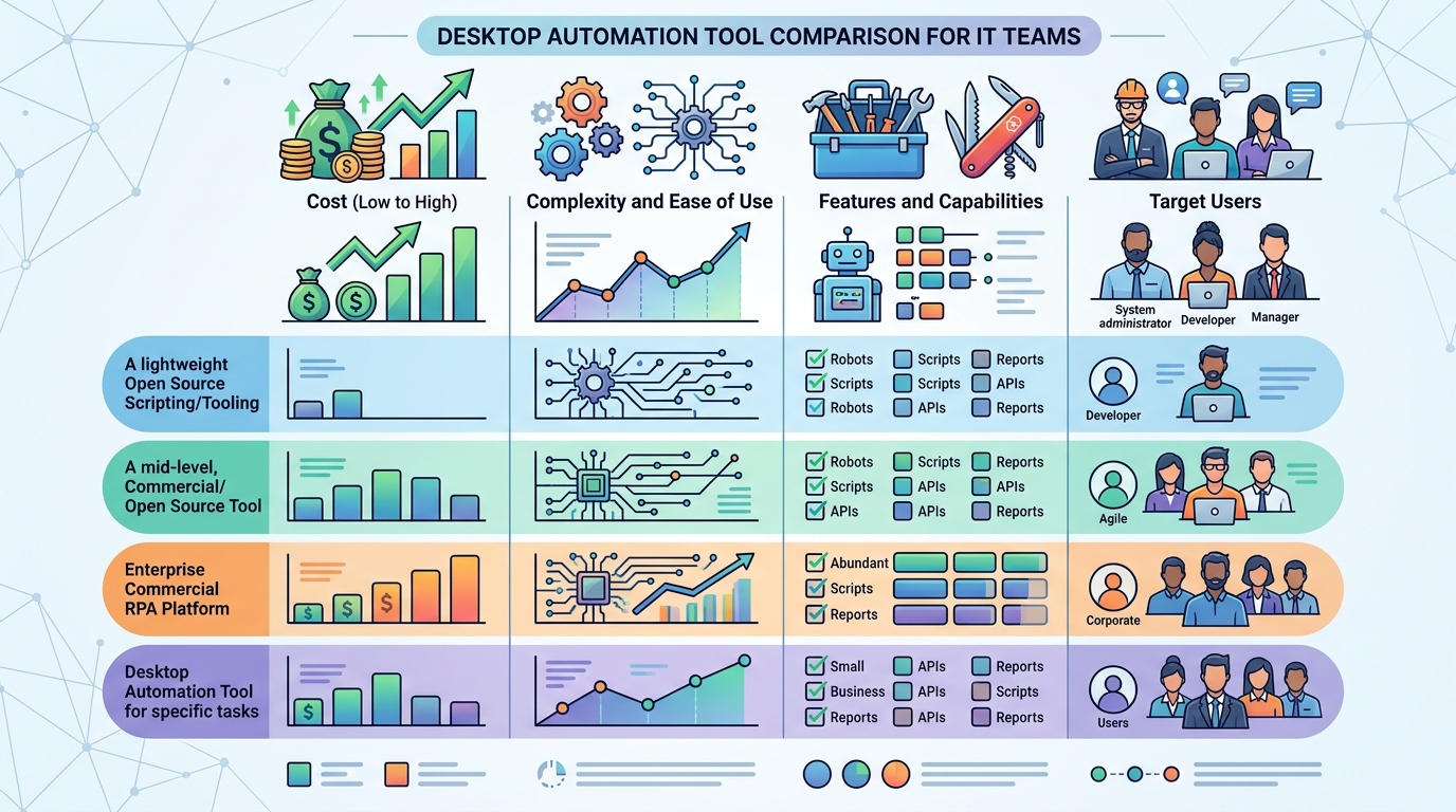 A comparison chart highlighting features and benefits of various desktop automation software and open source tools for IT teams.