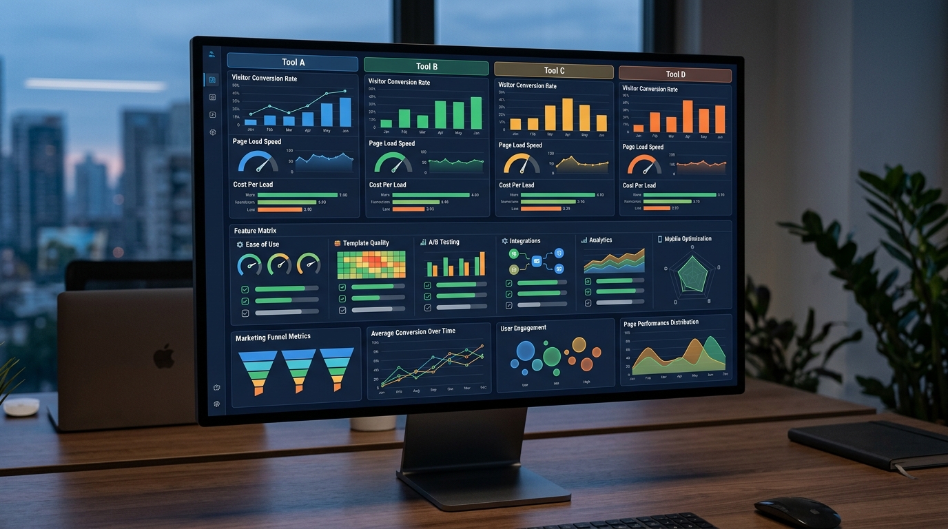 A comparison dashboard showing metrics and features of different landing page automation tools for startups.