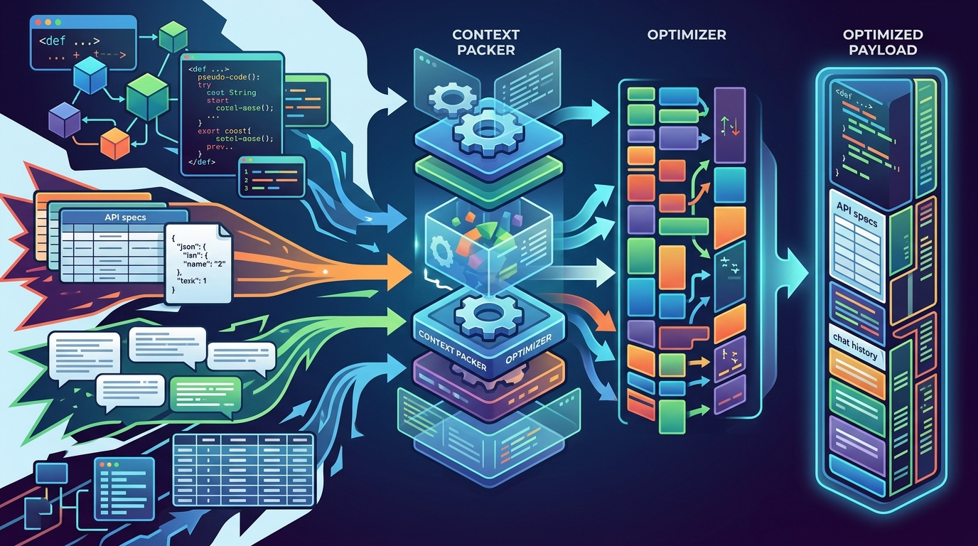 A visual representation of context packing, showing different data types like code, API specs, and chat history being efficiently bundled and ordered into a single prompt for an LLM.