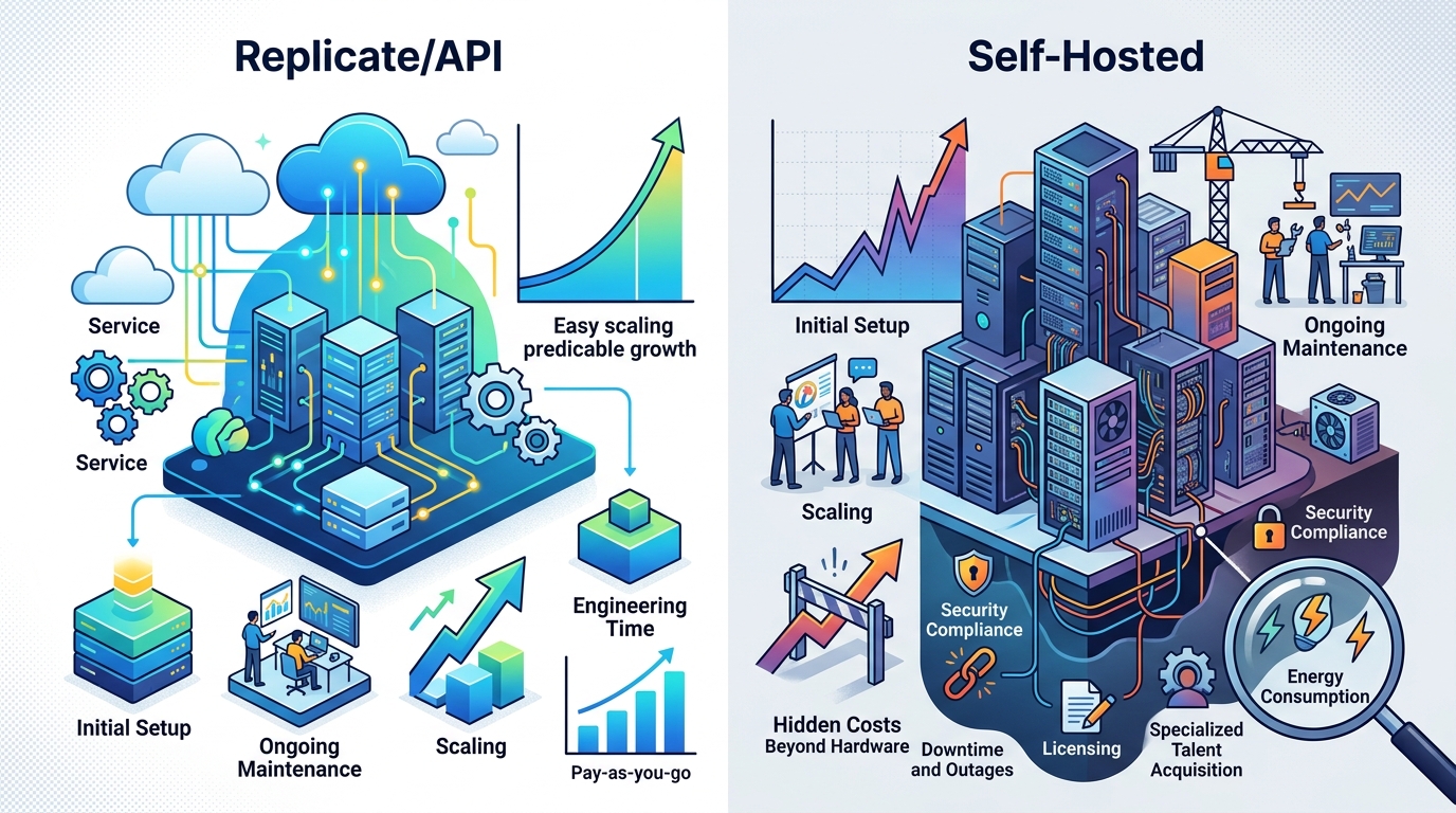 A conceptual chart comparing the infrastructure costs and scalability of Replicate (API-first) versus self-hosted AI models, highlighting that self-hosting involves more hidden costs like engineering time and maintenance.