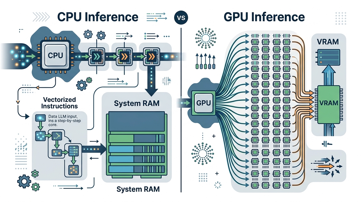 Diagram comparing CPU inference, which uses system RAM and vectorized instructions, with GPU inference, which uses VRAM and parallel processing for LLMs.