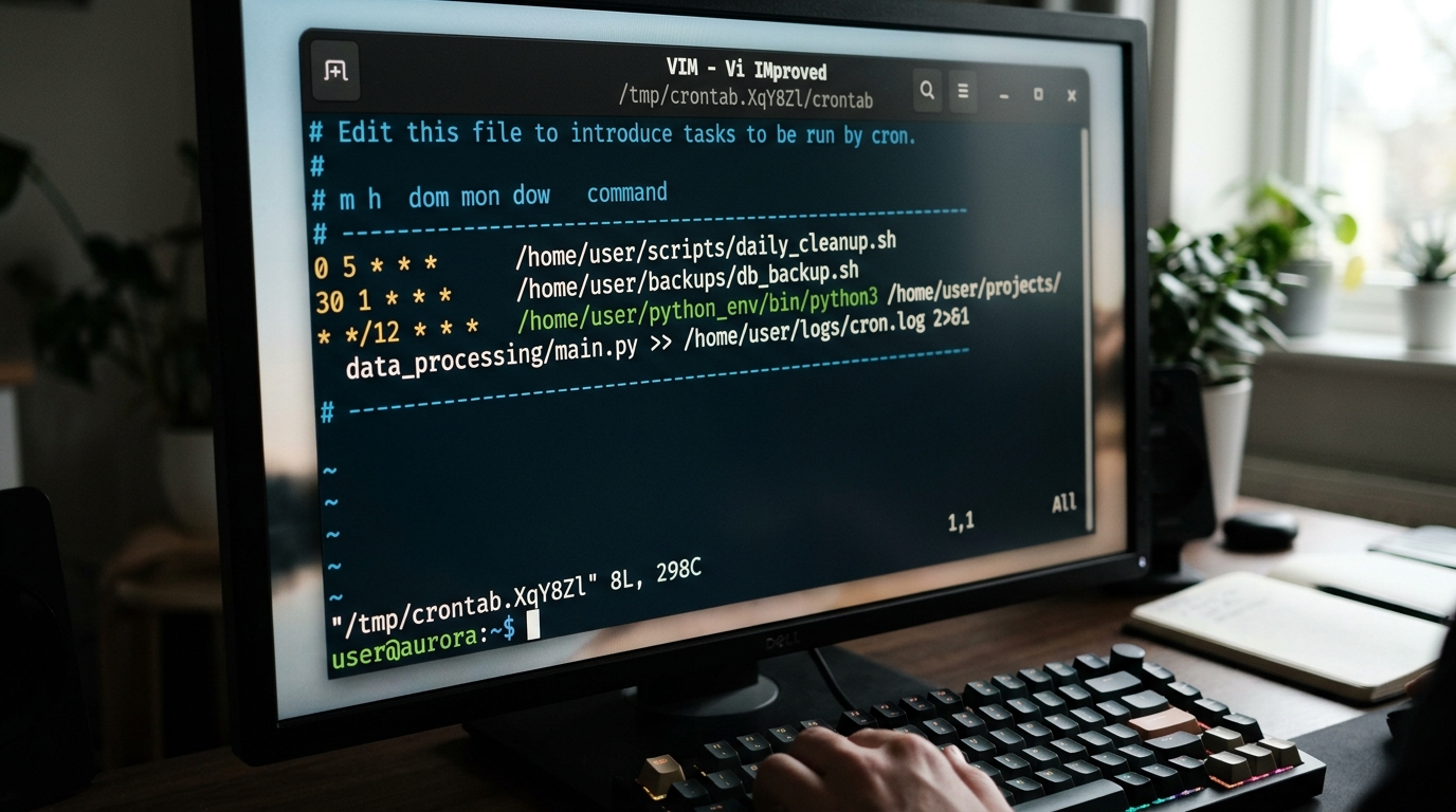 Terminal output showing a crontab configuration on a Linux system, with a Python script scheduled to run at a specific time.