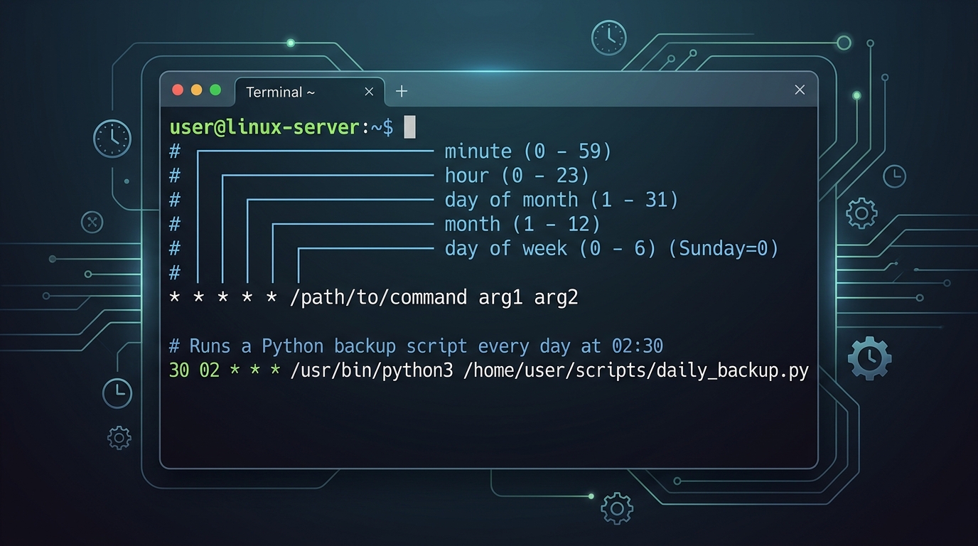 An example of crontab syntax showing the five time fields and a command, specifically for scheduling a Python script on a Linux system.