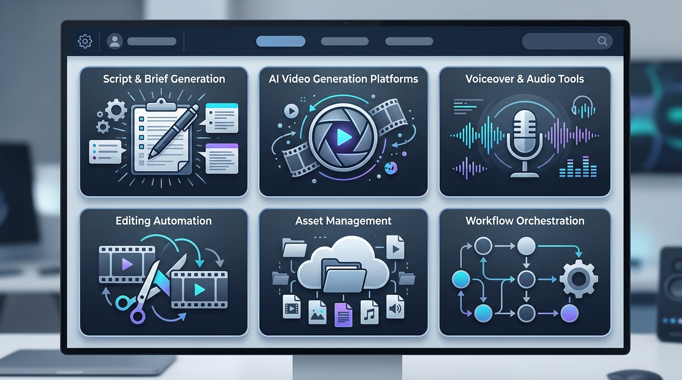 Dashboard interface displaying various AI video workflow tools categorized by function