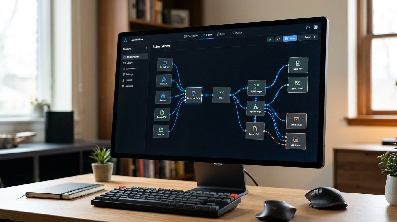 A dashboard interface of a self-hosted, local-first workflow automation solution, showcasing a visual, node-based workflow builder.