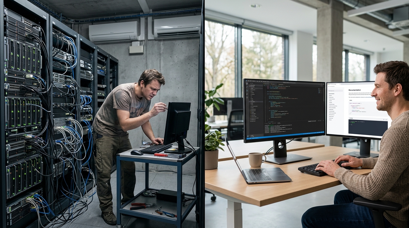 A visual comparison of developer infrastructure for self-hosted AI models, showing complex hardware and management, versus using an API-first platform like Replicate, showing simplified integration and focus on application logic.