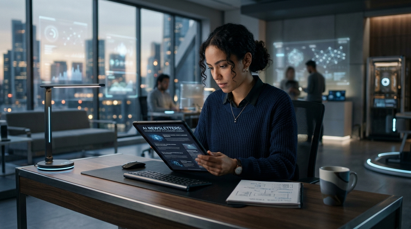 A developer intently reviewing AI newsletters on a digital device, highlighting the focus on staying updated in the field.