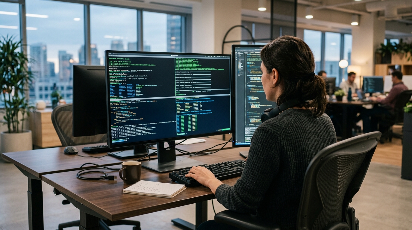 A DevOps engineer reviews bash automation scripts on a Linux terminal, demonstrating common patterns for Linux operations.