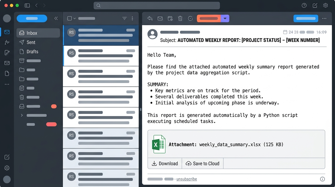 An email client displaying an automated Excel report sent via Python's smtplib.