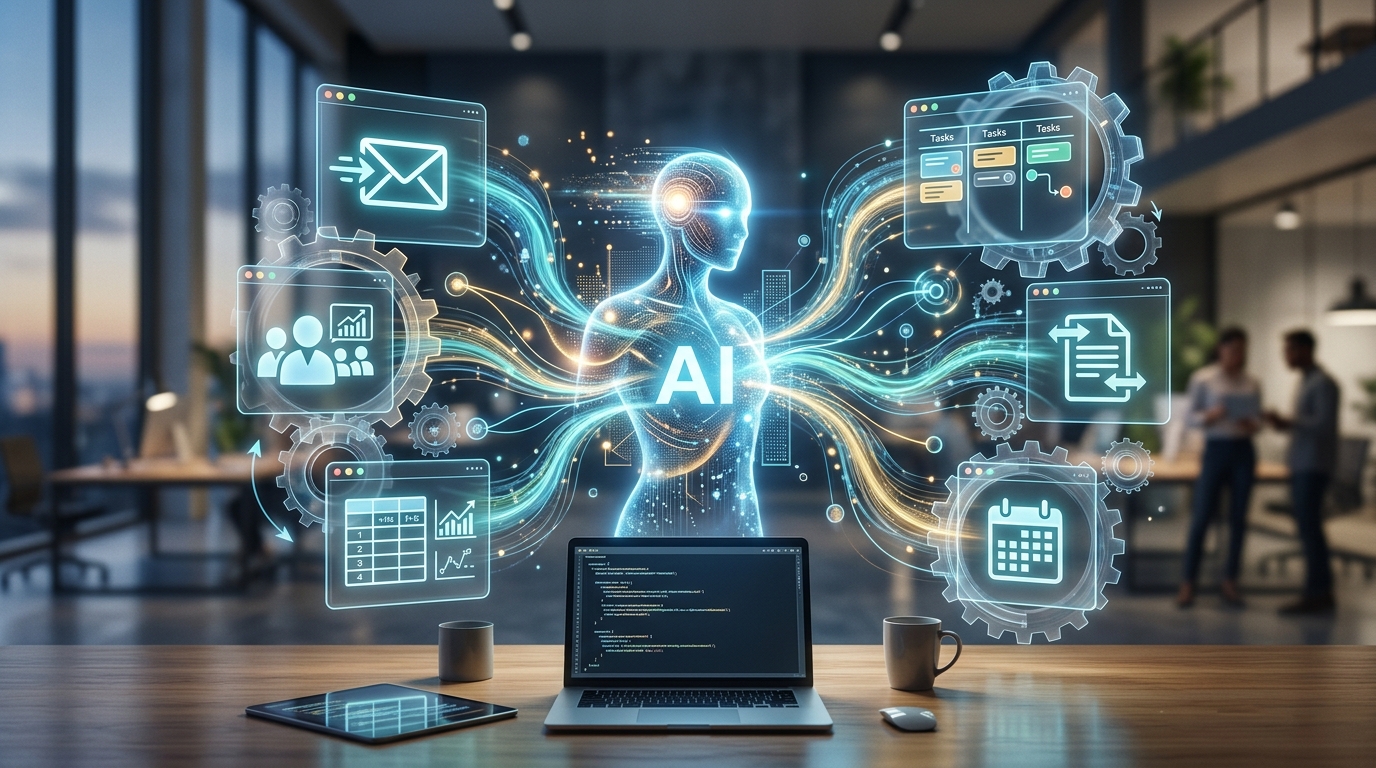 A visual representation of internal process automation for startups, showing AI streamlining various business functions.