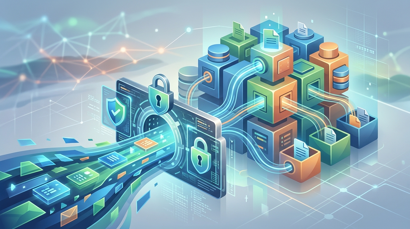 Conceptual image representing a secure Express.js webhook endpoint in Node.js designed for safely handling incoming file uploads.
