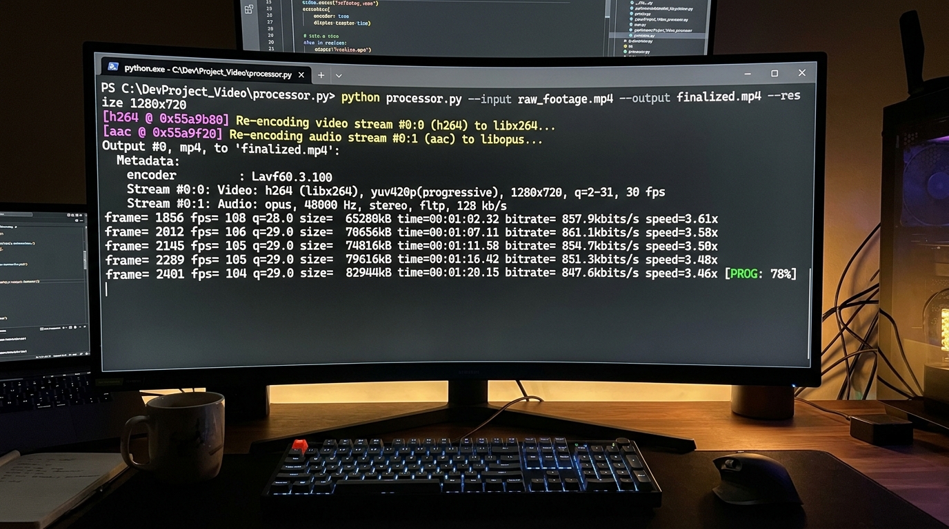 A terminal window showing the execution of an FFmpeg command orchestrated by a Python script for video automation.