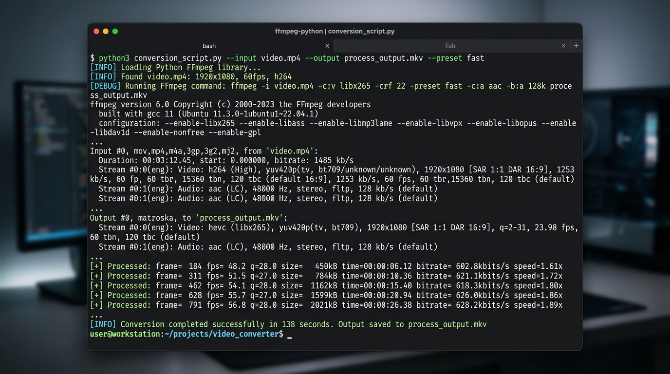 A terminal window displaying output from a Python script orchestrating FFmpeg commands for video batch processing.