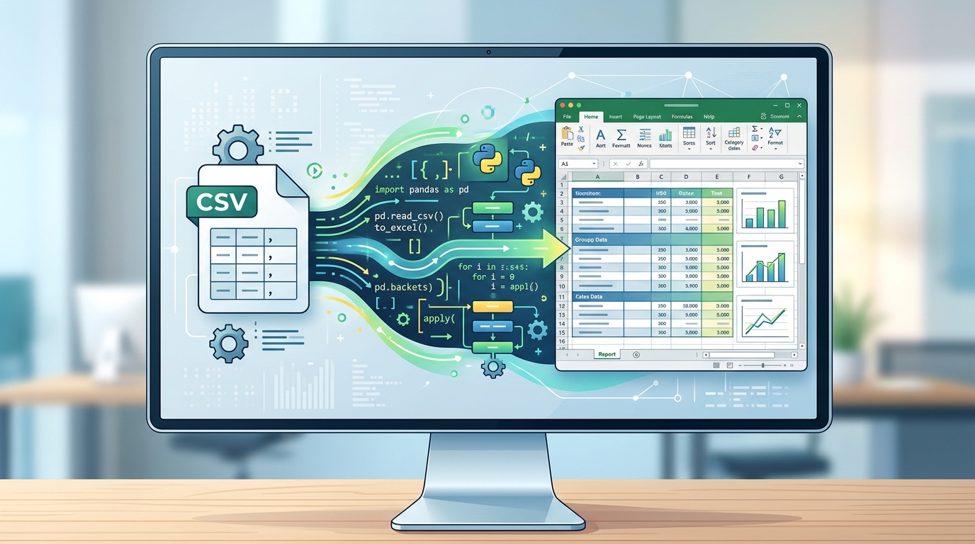 Illustration depicting a CSV file being converted into a formatted Excel report using Python.