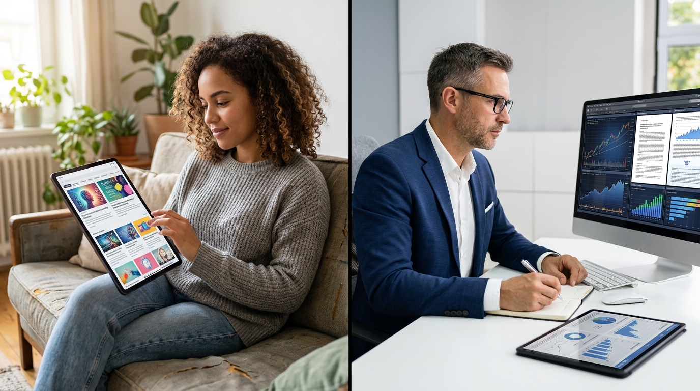 Split screen comparing the benefits and content styles of free AI newsletters versus paid AI newsletters.
