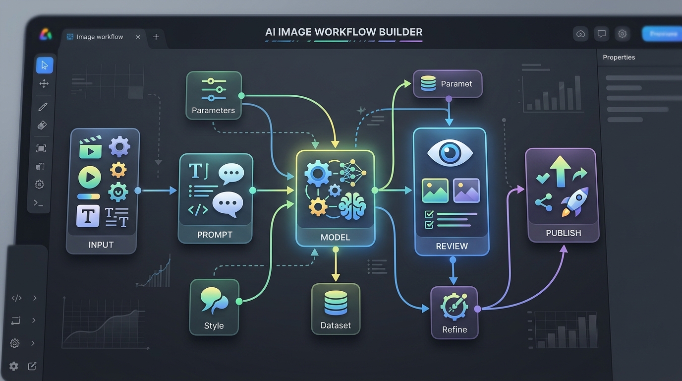 Conceptual interface of an AI image generation workflow builder, showing interconnected nodes for various stages of the process.