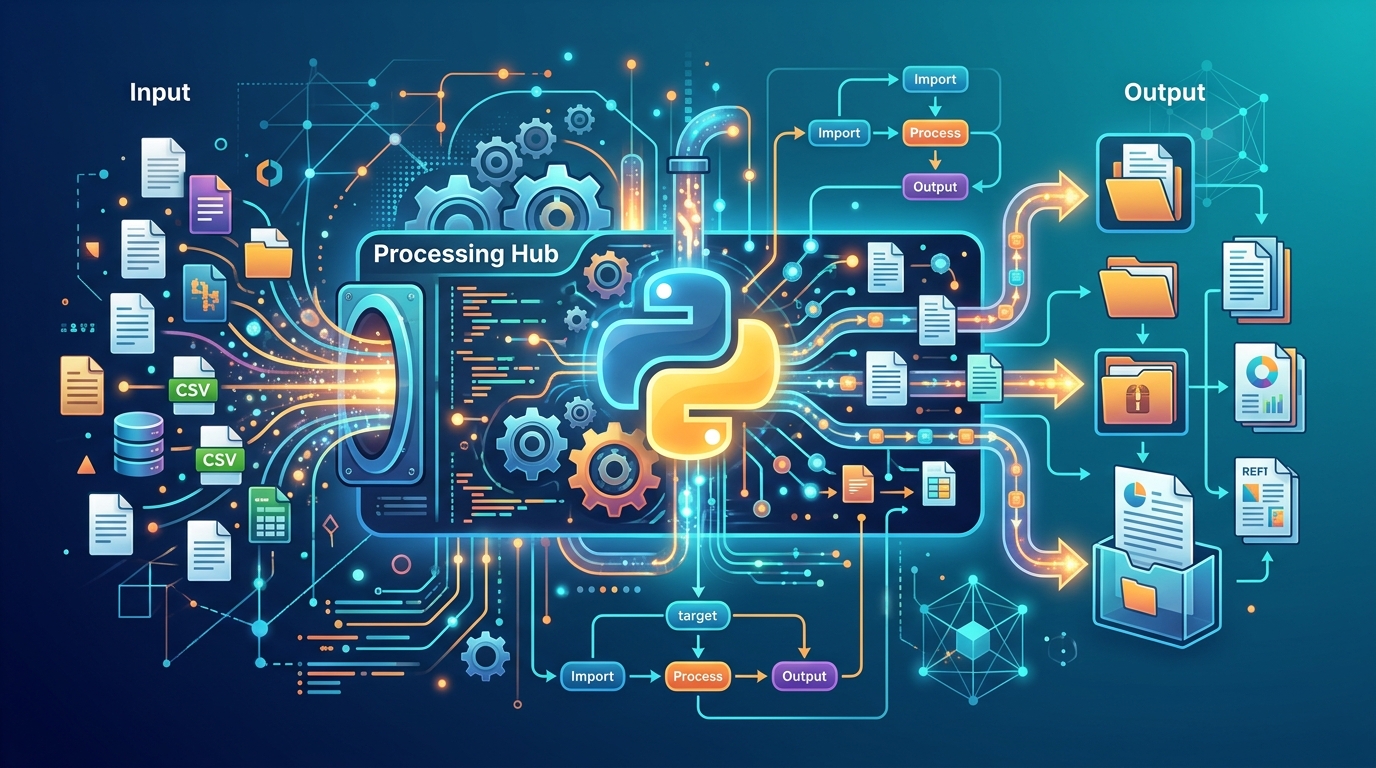 Abstract representation of a Python script automating file processing, showing data moving through a workflow.