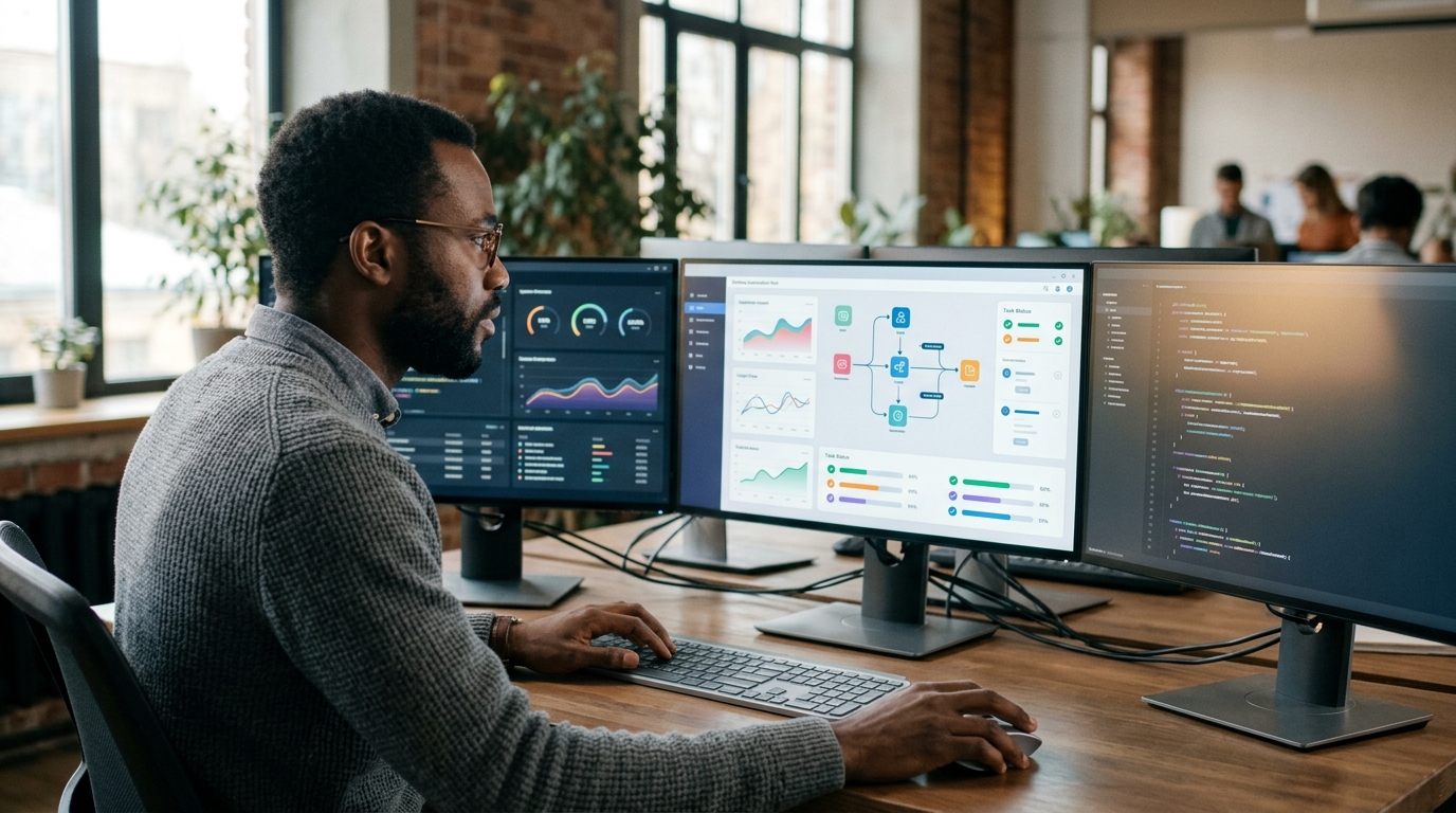 An IT administrator using a desktop automation tool, representing RPA alternatives for small teams, on a computer screen.