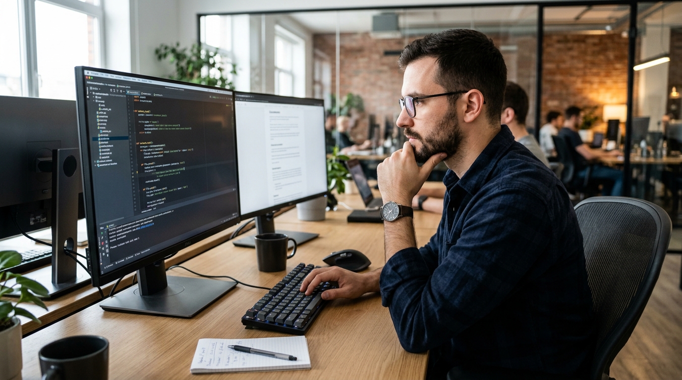 An IT engineer intently writing desktop automation scripts on a computer.