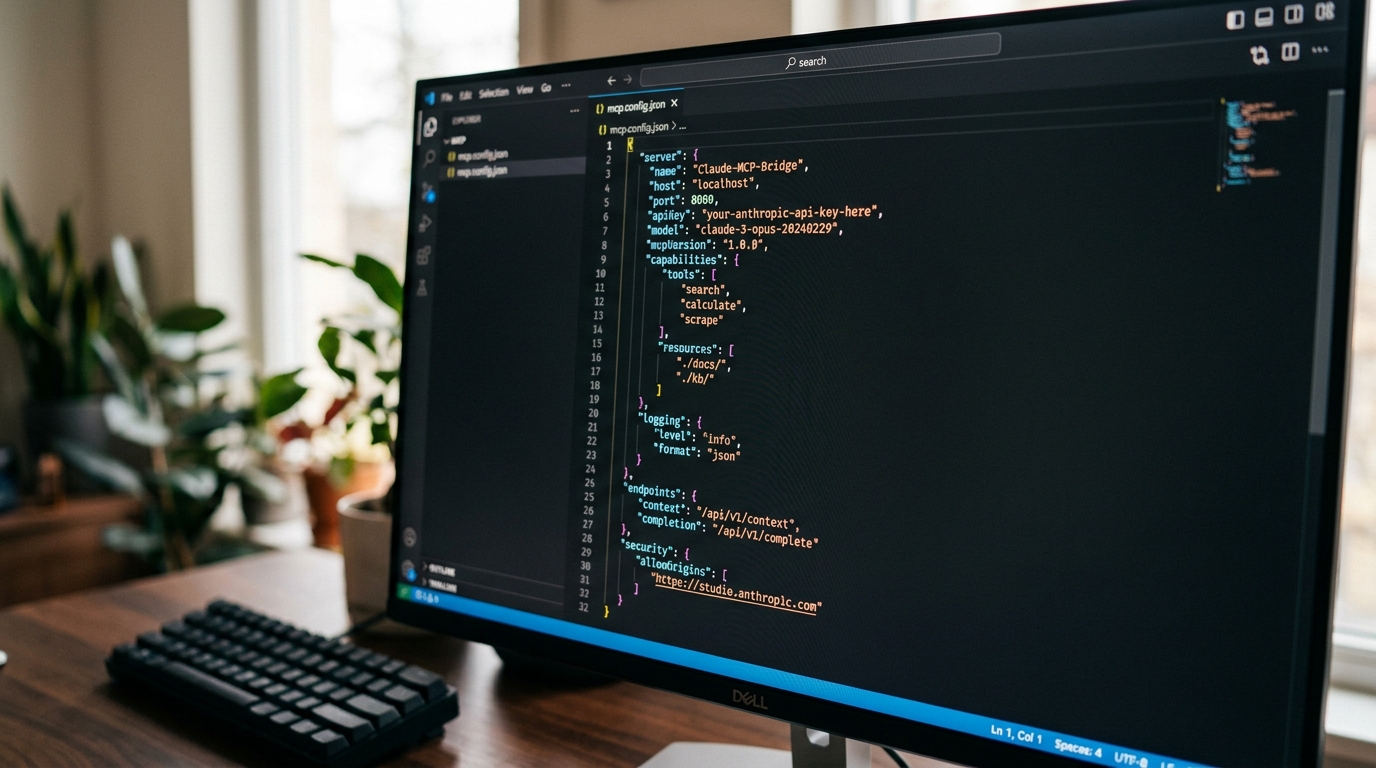 JSON configuration code snippet for setting up a Claude Model Context Protocol (MCP) server connection, showing command, arguments, and environment variables.