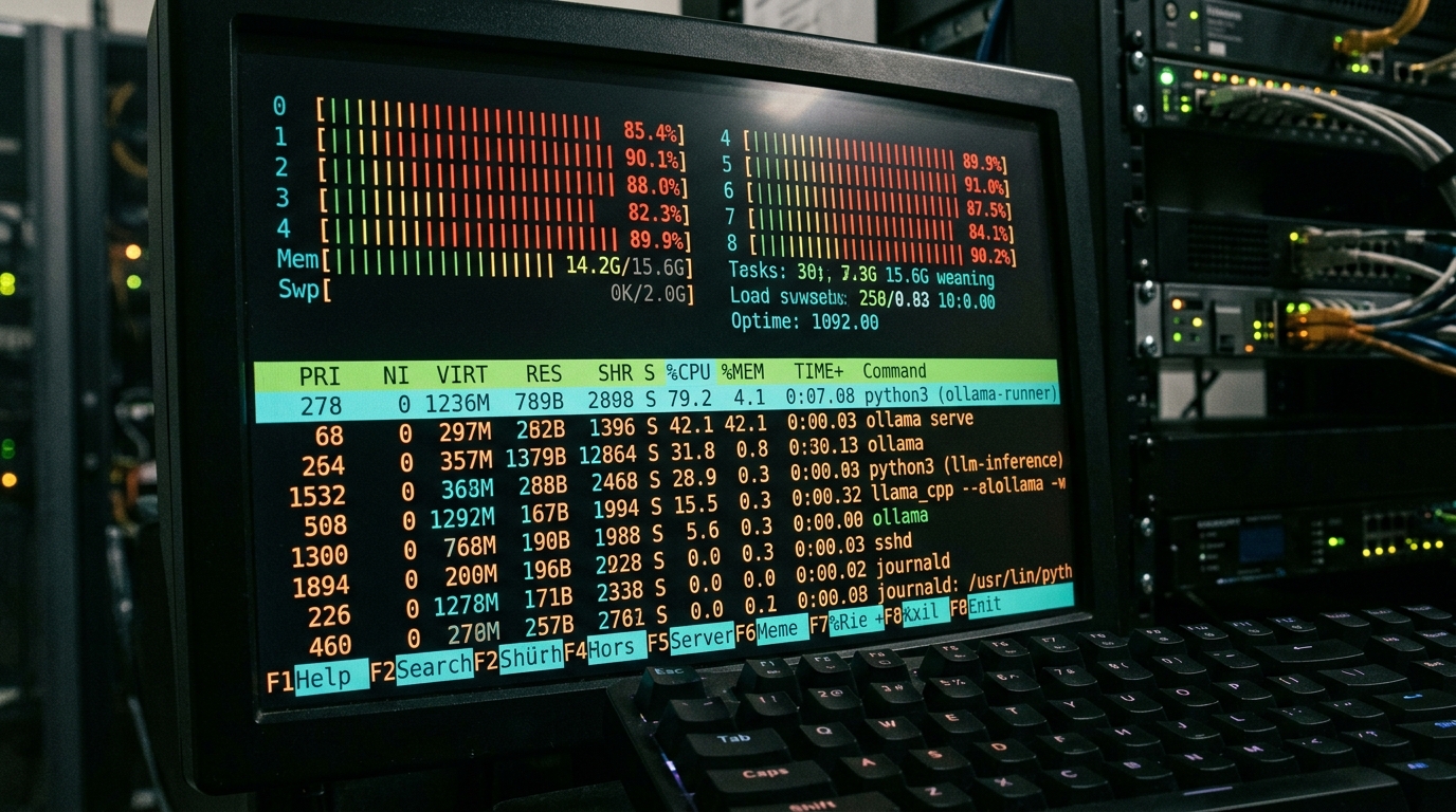 Linux terminal showing htop with high CPU usage, indicating Ollama running without a GPU.