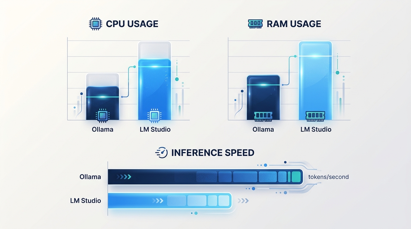 A performance benchmark chart visually comparing the resource usage and inference speed of LM Studio and Ollama, highlighting their operational differences on modest hardware.