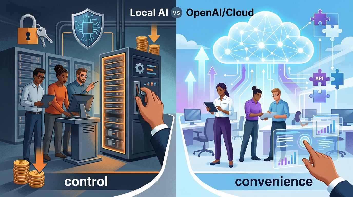 A conceptual image comparing local AI infrastructure with cloud-based AI solutions like OpenAI, highlighting differences in data privacy, cost, and control for technical teams.