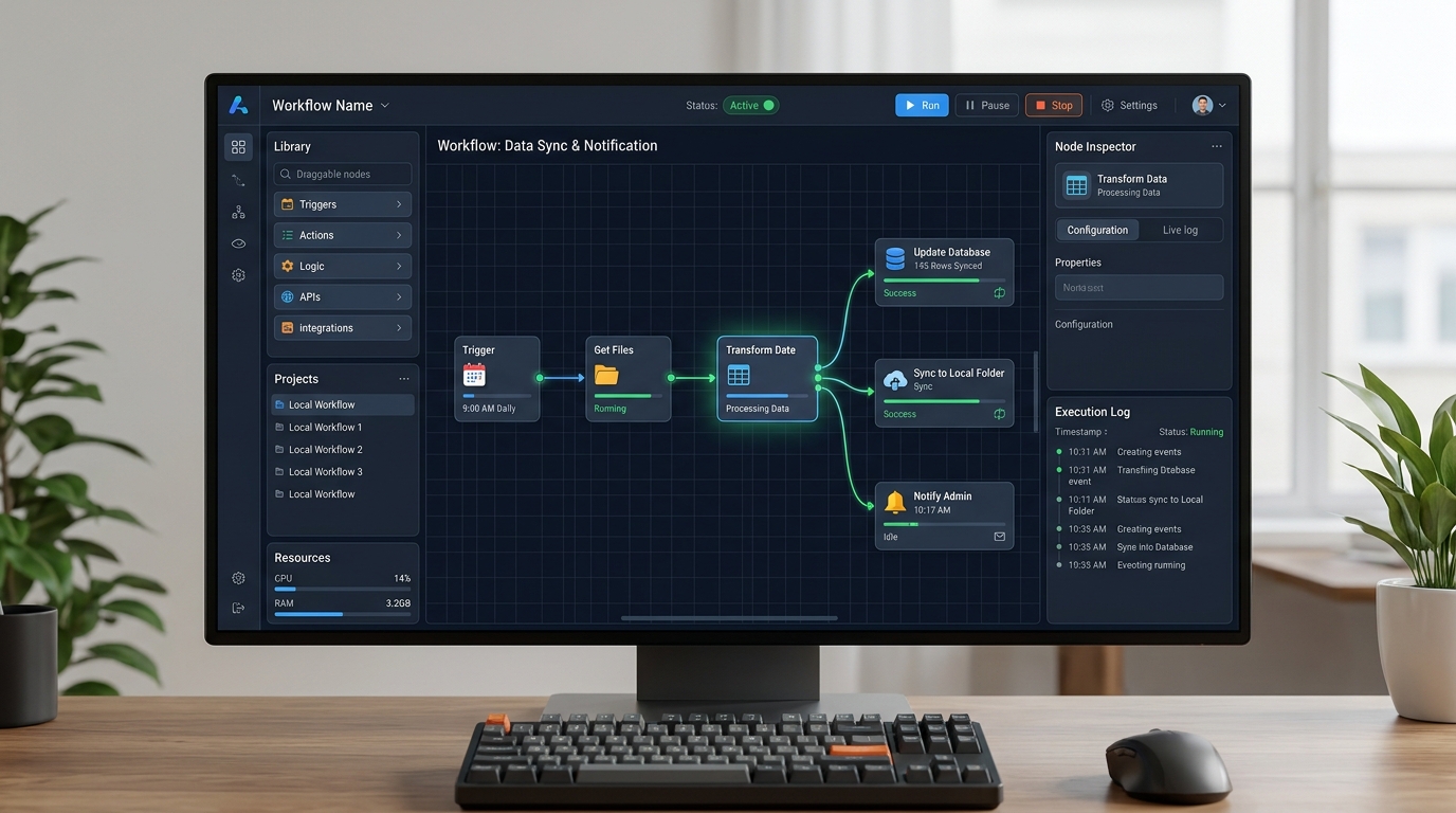 A dashboard view of local-first automation software, showcasing a visual, node-based workflow builder with interconnected steps, indicating active automation processes.