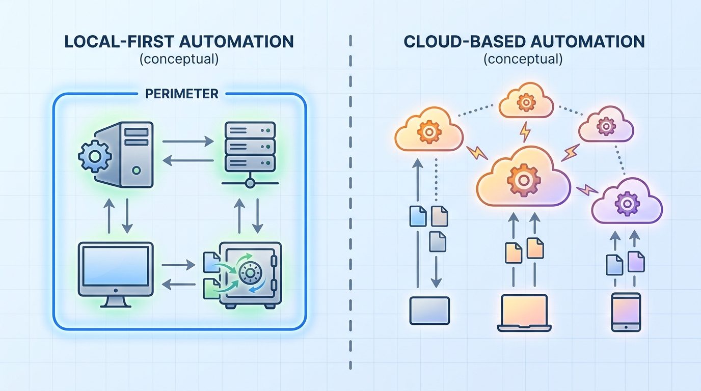 Diagram comparing local-first automation tools with cloud automation, highlighting data privacy and control.