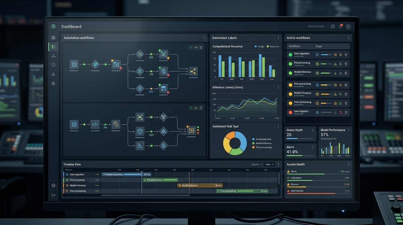 Operations team dashboard visualizing local AI model automation workflows and performance metrics.