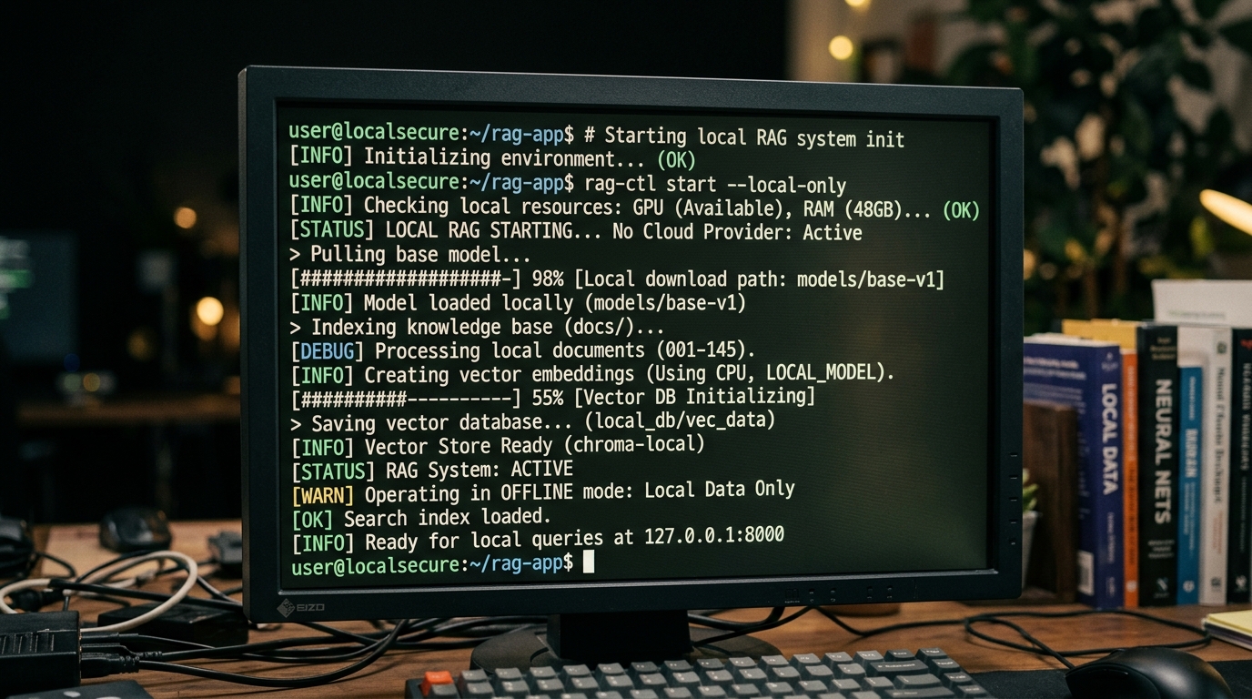 A command line interface displaying output related to setting up a local RAG system, highlighting the absence of cloud provider dependencies and emphasizing on-premise operations.