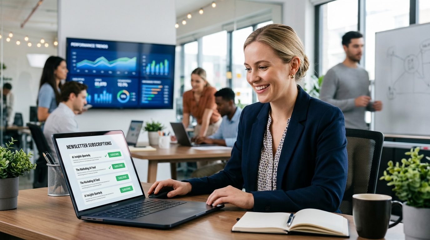 A marketer actively subscribing to AI newsletters, emphasizing the importance of AI knowledge for marketing professionals.
