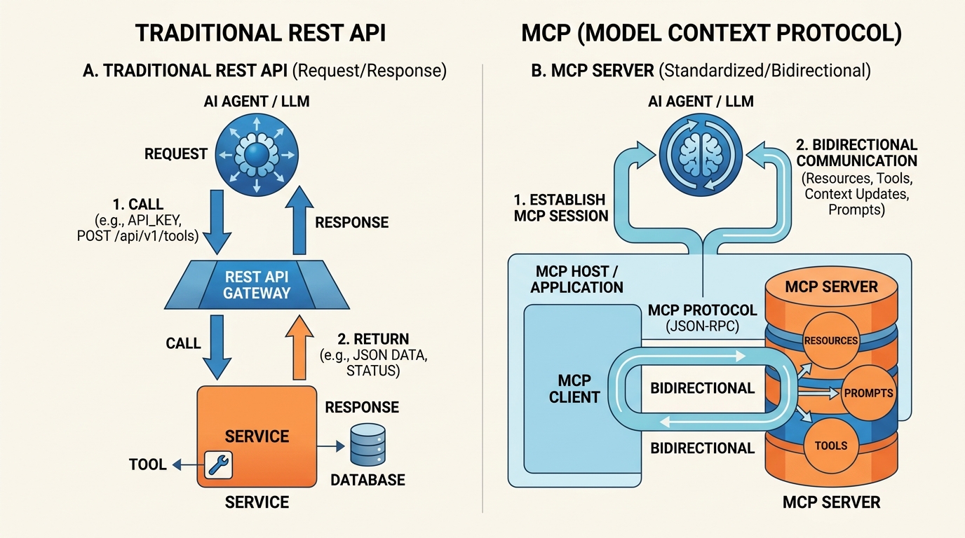Diagram comparing the architecture of an MCP server and a REST API for AI agents, showing an AI model interacting with each.