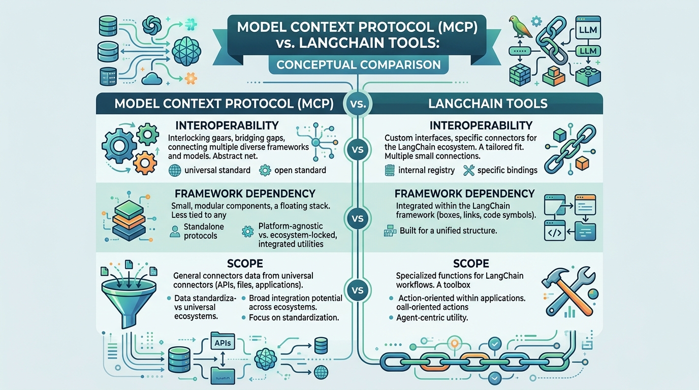 Comparison chart outlining the differences between Model Context Protocol (MCP) and LangChain tools.