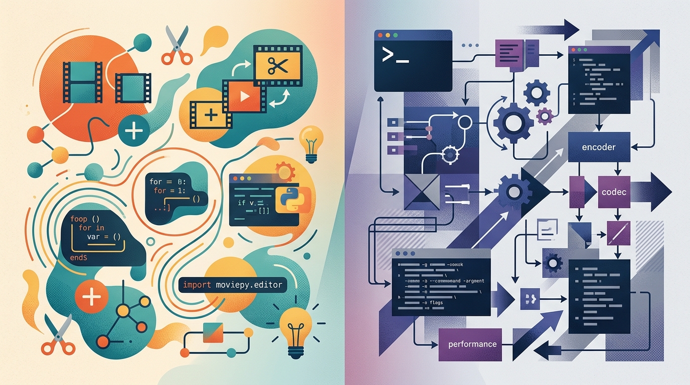 A conceptual comparison chart highlighting the distinct features and use cases of MoviePy and FFmpeg in Python video automation.