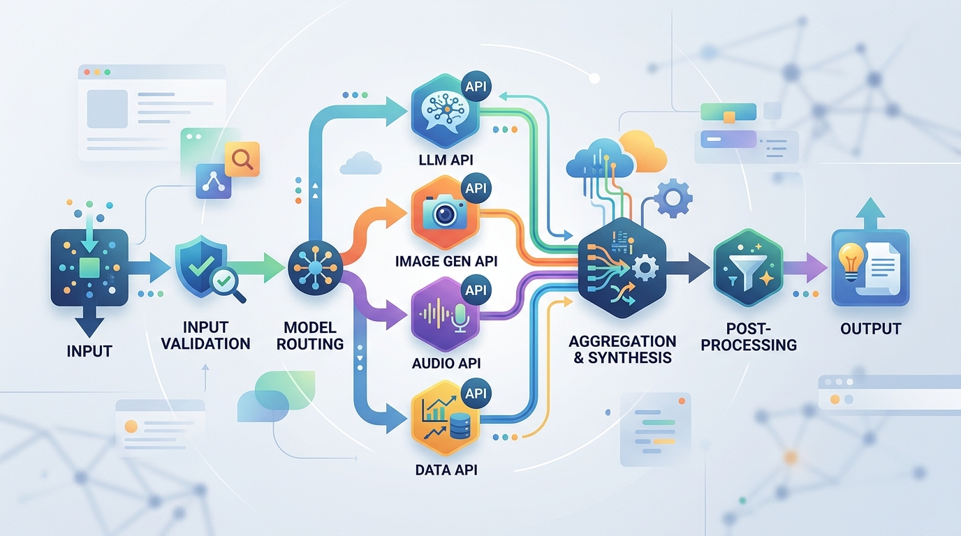 Flowchart illustrating the stages of multi-model AI pipeline orchestration, from input validation to final output.