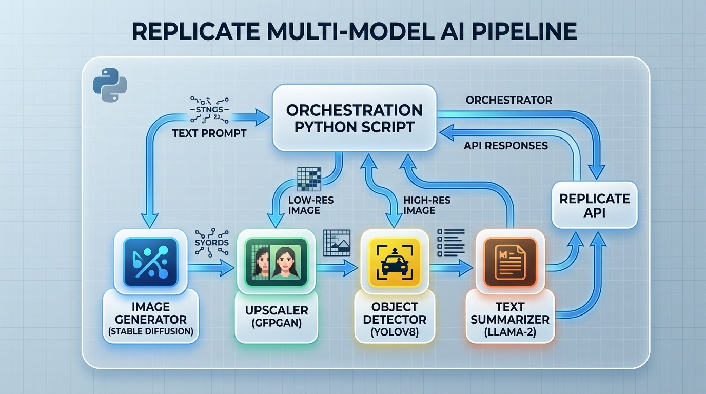 Diagram showing a multi-model AI pipeline on Replicate, where a Python script orchestrates data flow between different AI models like an image generator and an upscaler.
