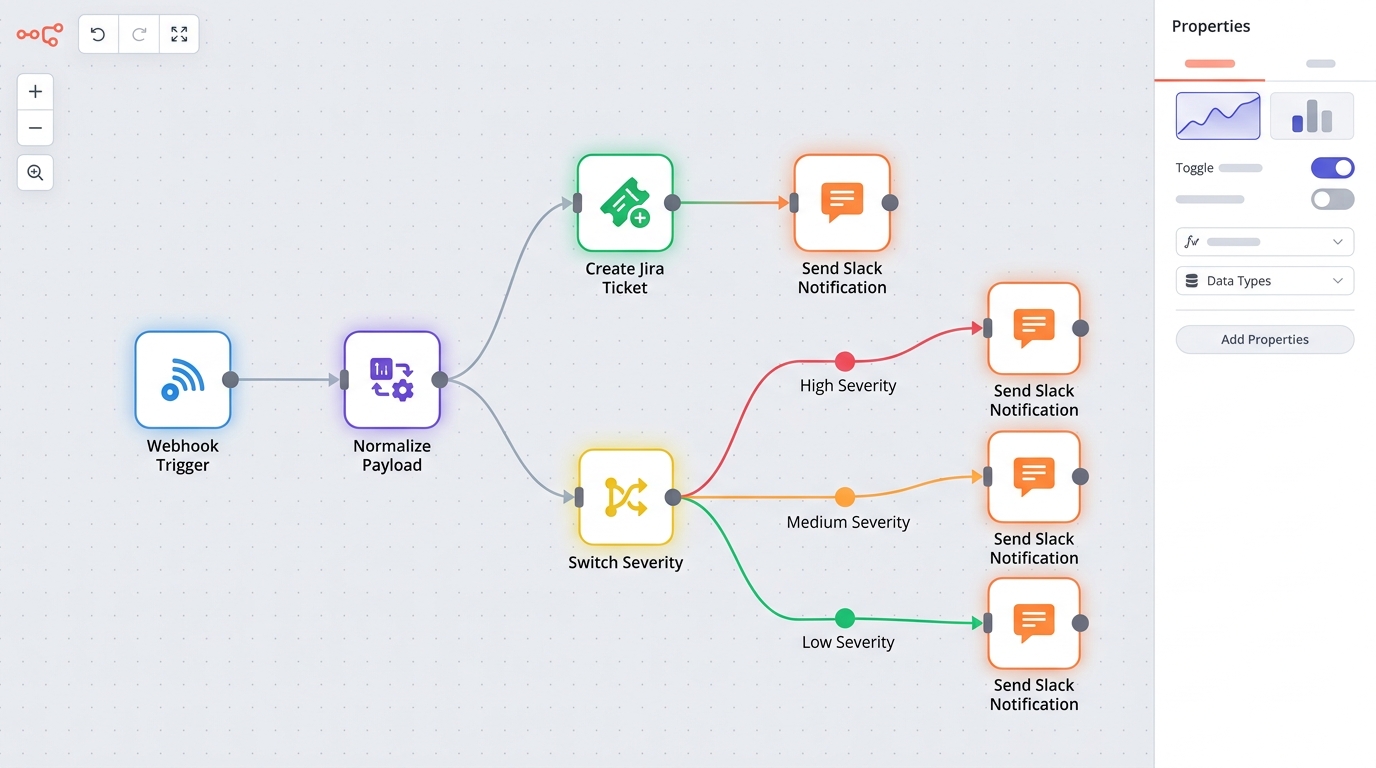 A visual representation of an n8n workflow for automating IT ticketing and Slack notifications, showing interconnected nodes.