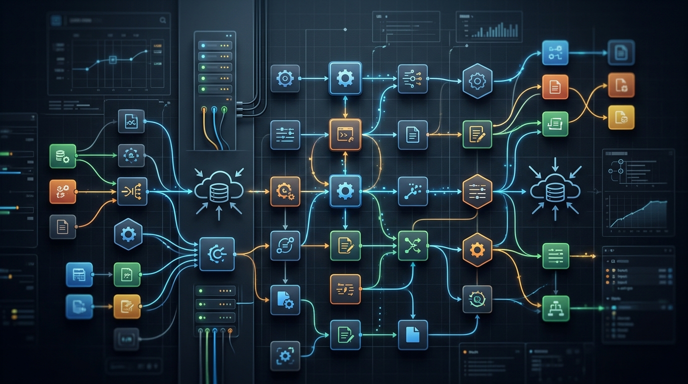 Abstract representation of a node-based workflow editor, symbolizing self-hosted and open-source automation.