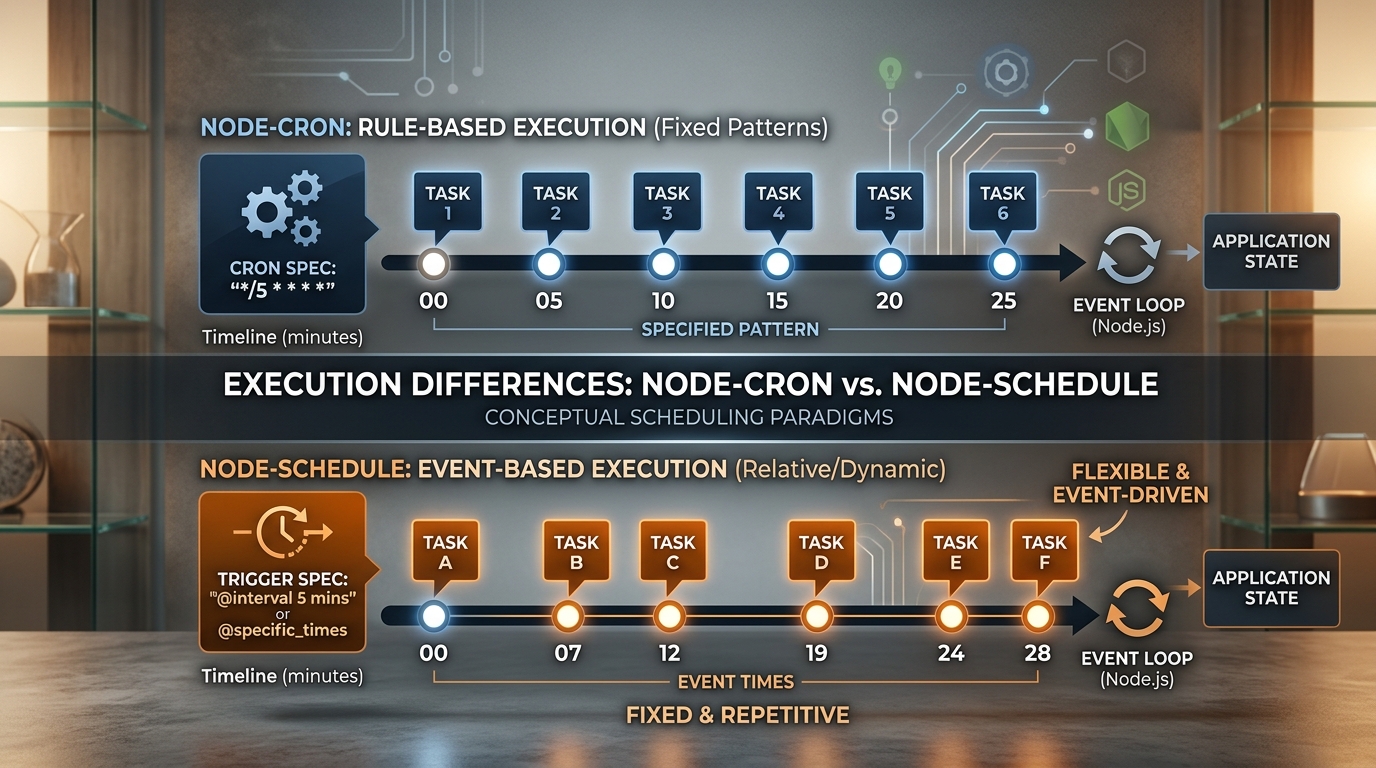 A visual representation or code example illustrating the execution differences and behaviors between node-cron and node-schedule in a Node.js environment.
