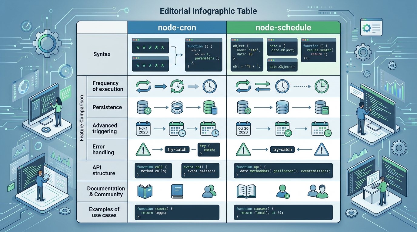 A comparison table highlighting the key features and syntax differences between node-cron and node-schedule for Node.js job scheduling.