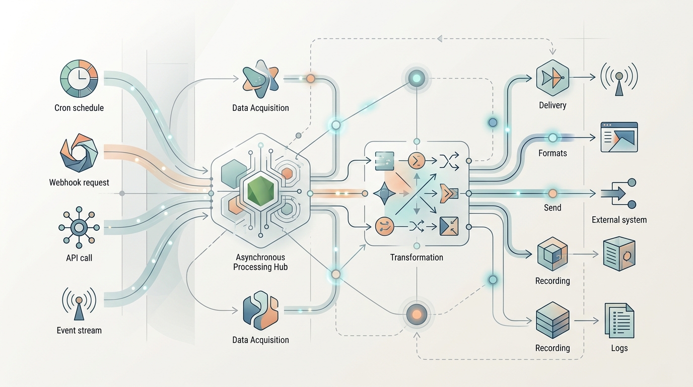 Architectural diagram of a Node.js asynchronous automation workflow, showing triggers, data acquisition, transformation, delivery, and recording stages.