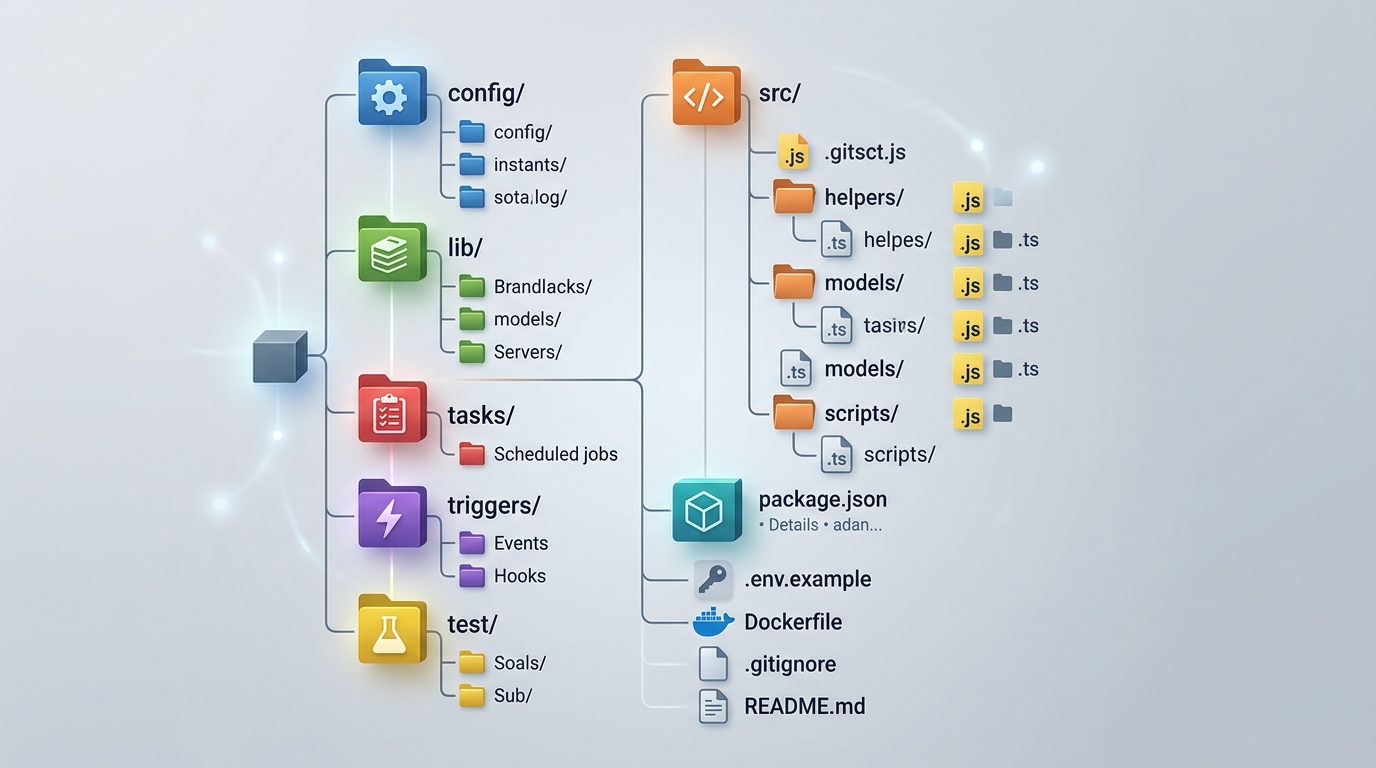 Visual representation of a Node.js automation boilerplate directory structure, showing key folders like src, config, lib, tasks, and triggers.