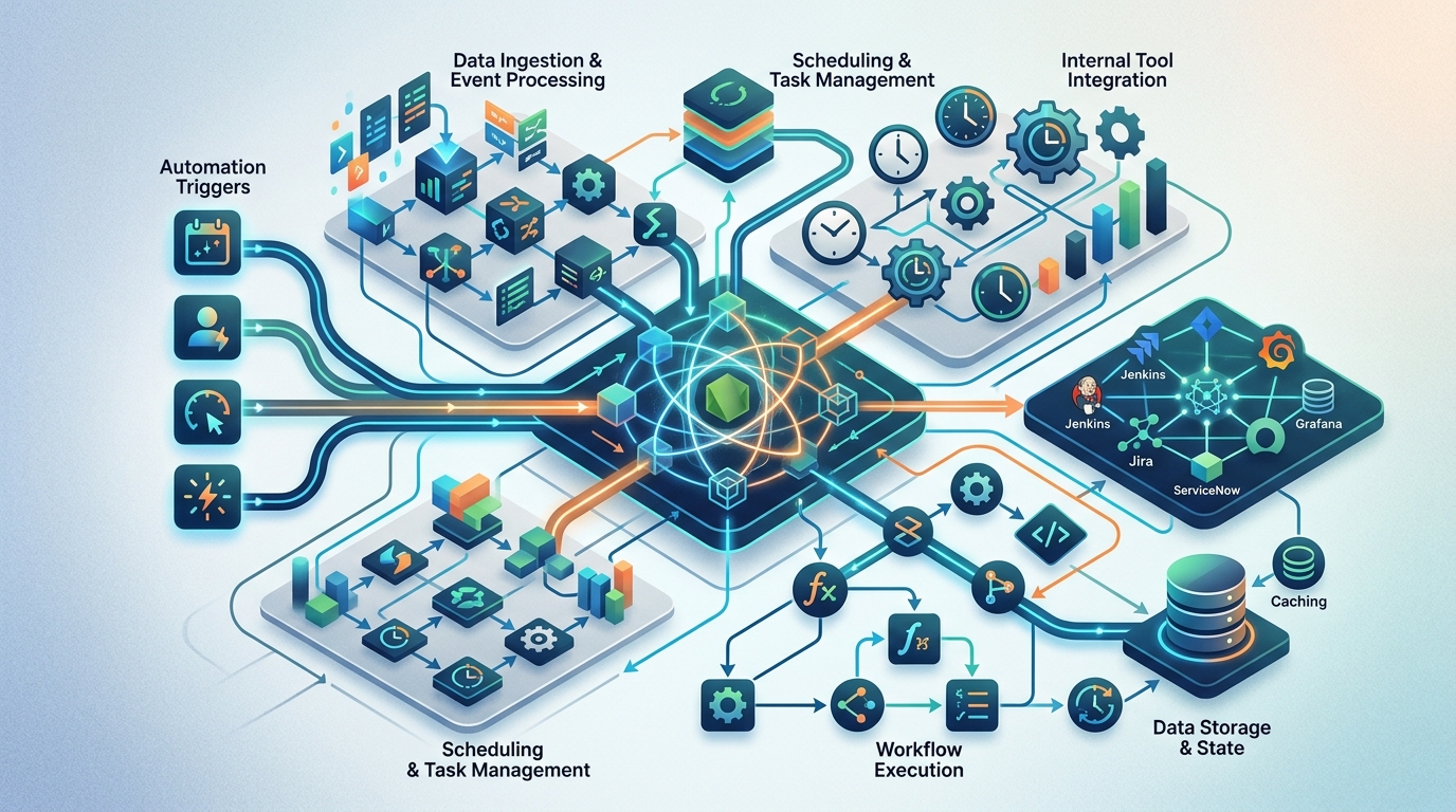 Architectural diagram showing the components and data flow of a Node.js automation system for internal tools, including data sources, processing logic, and scheduling.
