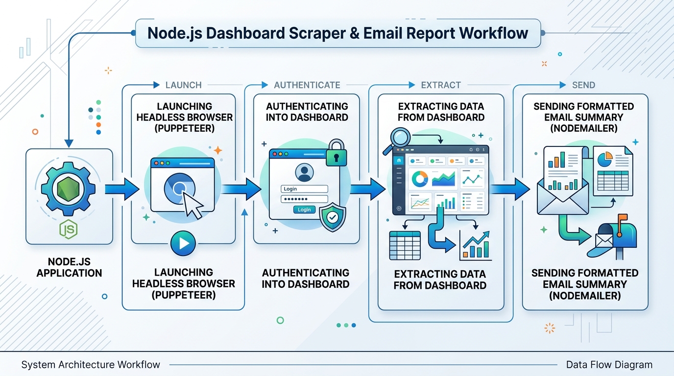 Architecture diagram showing the workflow of a Node.js dashboard scraper and email report system, detailing steps from browser launch to email delivery.