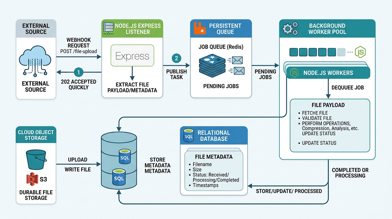 System diagram showing the architecture for reliable Node.js webhook file processing, including an Express listener, a message queue, and background workers.