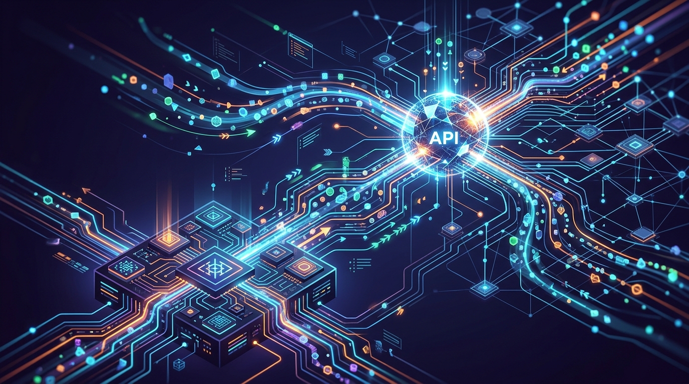 Conceptual image representing API integration for custom tooling, showing data flow between an internal application and a local LLM server.