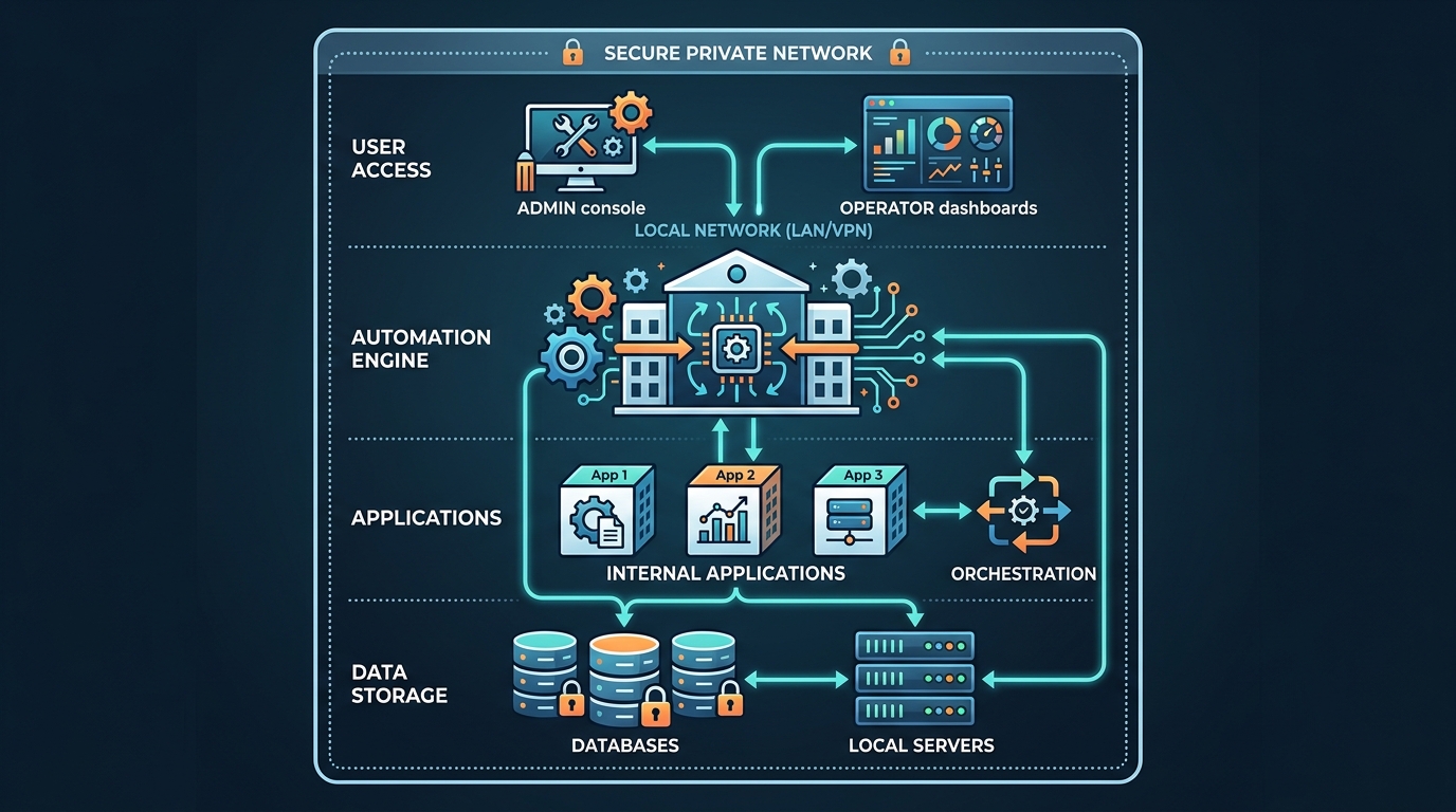 Diagram illustrating an on-premise automation software architecture, showing data and workflows contained entirely within a private enterprise network, without reliance on external cloud or SaaS platforms.