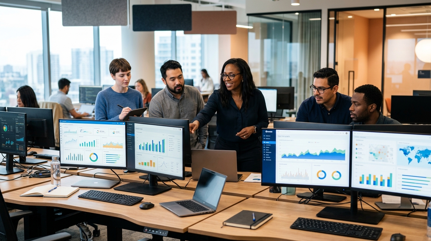 An operations team working efficiently in a modern office, suggesting improved productivity after replacing manual Excel tasks with automation.